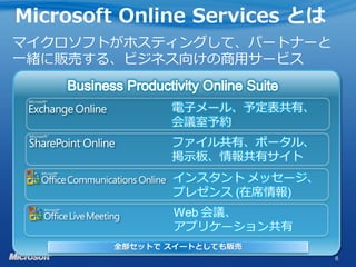Microsoft Online Services とは
マイクロソフトがホスティングして、パートナーと
一緒に販売する、ビジネス向けの商用サービス


               電子メール、予定表共有、
               会議室予約
               ファイル共有、ポータル、
               掲示板、情報共有サイト
               インスタント メッセージ、
               プレゼンス (在席情報)
               Web 会議、
               アプリケーション共有
        全部セットで スイートとしても販売
                               6
 