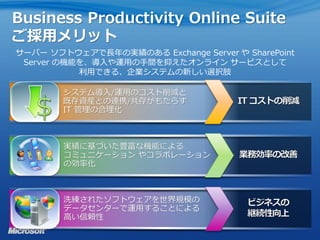 Business Productivity Online Suite
ご採用メリット
サーバー ソフトウェアで長年の実績のある Exchange Server や SharePoint
 Server の機能を、導入や運用の手間を抑えたオンライン サービスとして
           利用できる、企業システムの新しい選択肢

        システム導入/運用のコスト削減と
        既存資産との連携/共存がもたらす
        IT 管理の合理化



        実績に基づいた豊富な機能による
        コミュニケーション やコラボレーション
        の効率化



        洗練されたソフトウェアを世界規模の
        データセンターで運用することによる
        高い信頼性
 