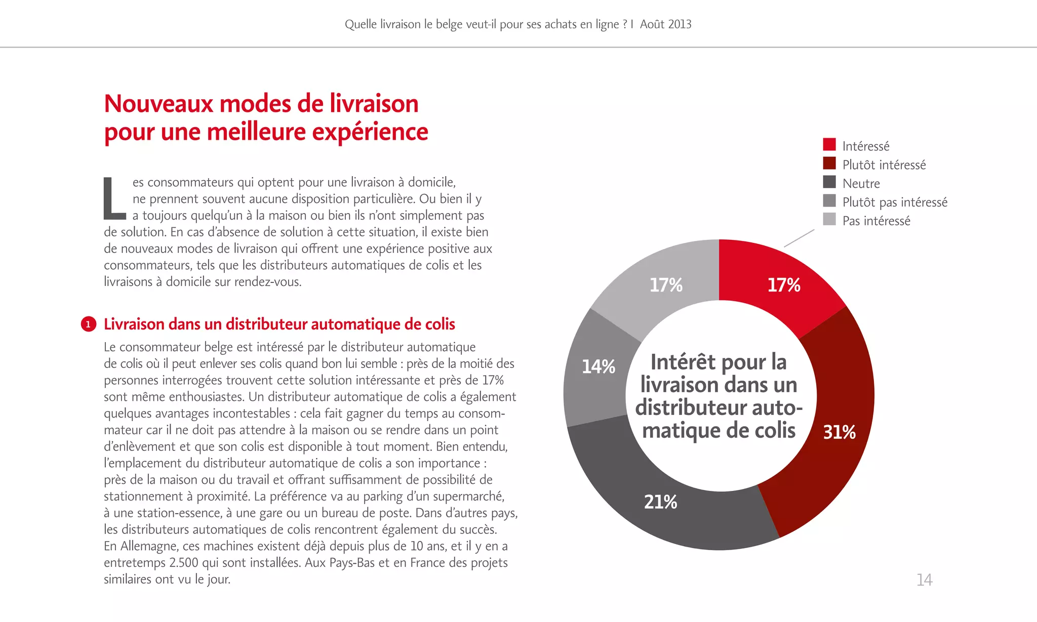 14
Nouveaux modes de livraison
pour une meilleure expérience
L
es consommateurs qui optent pour une livraison à domicile,
ne prennent souvent aucune disposition particulière. Ou bien il y
a toujours quelqu’un à la maison ou bien ils n’ont simplement pas
de solution. En cas d’absence de solution à cette situation, il existe bien
de nouveaux modes de livraison qui offrent une expérience positive aux
consommateurs, tels que les distributeurs automatiques de colis et les
livraisons à domicile sur rendez-vous.
Livraison dans un distributeur automatique de colis
Le consommateur belge est intéressé par le distributeur automatique
de colis où il peut enlever ses colis quand bon lui semble : près de la moitié des
personnes interrogées trouvent cette solution intéressante et près de 17%
sont même enthousiastes. Un distributeur automatique de colis a également
quelques avantages incontestables : cela fait gagner du temps au consom-
mateur car il ne doit pas attendre à la maison ou se rendre dans un point
d’enlèvement et que son colis est disponible à tout moment. Bien entendu,
l’emplacement du distributeur automatique de colis a son importance :
près de la maison ou du travail et offrant suffisamment de possibilité de
stationnement à proximité. La préférence va au parking d’un supermarché,
à une station-essence, à une gare ou un bureau de poste. Dans d’autres pays,
les distributeurs automatiques de colis rencontrent également du succès.
En Allemagne, ces machines existent déjà depuis plus de 10 ans, et il y en a
entretemps 2.500 qui sont installées. Aux Pays-Bas et en France des projets
similaires ont vu le jour.
Quelle livraison le belge veut-il pour ses achats en ligne ? I Août 2013
1
Intérêt pour la
livraison dans un
distributeur auto-
matique de colis
17%
31%
21%
14%
17%
Intéressé
Plutôt intéressé
Neutre
Plutôt pas intéressé
Pas intéressé
 