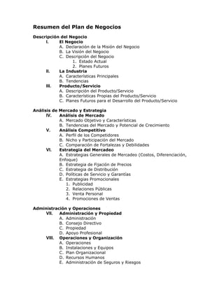 Resumen del Plan de Negocios
Descripción del Negocio
I.
El Negocio
A. Declaración de la Misión del Negocio
B. La Visión del Negocio
C. Descripción del Negocio
1. Estado Actual
2. Planes Futuros
II.
La Industria
A. Características Principales
B. Tendencias
III.
Producto/Servicio
A. Descripción del Producto/Servicio
B. Características Propias del Producto/Servicio
C. Planes Futuros para el Desarrollo del Producto/Servicio
Análisis de Mercado y Estrategia
IV.
Análisis de Mercado
A. Mercado Objetivo y Características
B. Tendencias del Mercado y Potencial de Crecimiento
V.
Análisis Competitivo
A. Perfil de los Competidores
B. Nicho y Participación del Mercado
C. Comparación de Fortalezas y Debilidades
VI.
Estrategia del Mercadeo
A. Estrategias Generales de Mercadeo (Costos, Diferenciación,
Enfoque)
B. Estrategia de Fijación de Precios
C. Estrategia de Distribución
D. Políticas de Servicio y Garantías
E. Estrategias Promocionales
1. Publicidad
2. Relaciones Públicas
3. Venta Personal
4. Promociones de Ventas
Administración y Operaciones
VII.
Administración y Propiedad
A. Administración
B. Consejo Directivo
C. Propiedad
D. Apoyo Profesional
VIII. Operaciones y Organización
A. Operaciones
B. Instalaciones y Equipos
C. Plan Organizacional
D. Recursos Humanos
E. Administración de Seguros y Riesgos

 