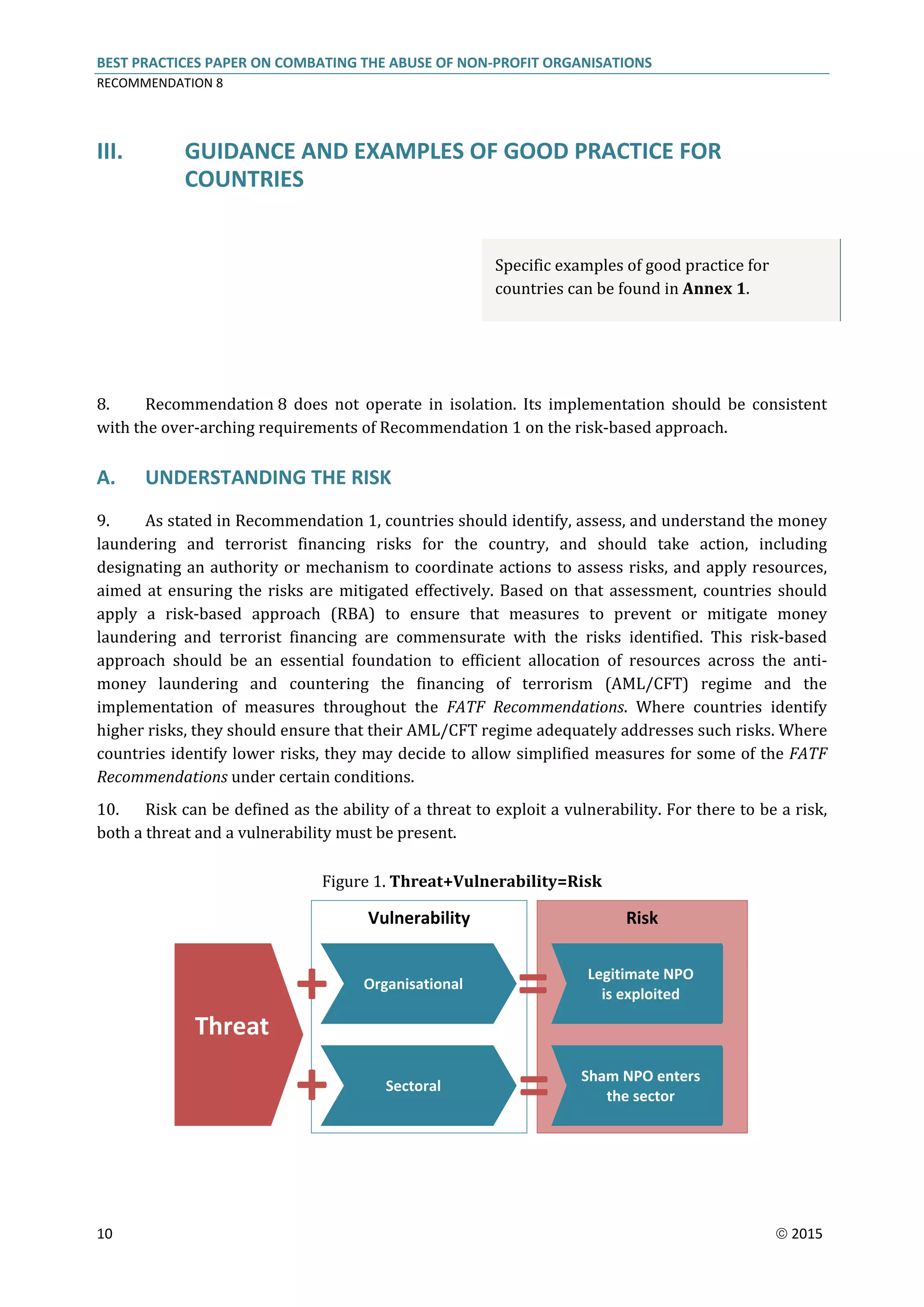BEST PRACTICES PAPER ON COMBATING THE ABUSE OF NON-PROFIT ORGANISATIONS
RECOMMENDATION 8
10  2015
III. GUIDANCE AND EXAMPLES OF GOOD PRACTICE FOR
COUNTRIES
Specific examples of good practice for
countries can be found in Annex 1.
8. Recommendation 8 does not operate in isolation. Its implementation should be consistent
with the over-arching requirements of Recommendation 1 on the risk-based approach.
A. UNDERSTANDING THE RISK
9. As stated in Recommendation 1, countries should identify, assess, and understand the money
laundering and terrorist financing risks for the country, and should take action, including
designating an authority or mechanism to coordinate actions to assess risks, and apply resources,
aimed at ensuring the risks are mitigated effectively. Based on that assessment, countries should
apply a risk-based approach (RBA) to ensure that measures to prevent or mitigate money
laundering and terrorist financing are commensurate with the risks identified. This risk-based
approach should be an essential foundation to efficient allocation of resources across the anti-
money laundering and countering the financing of terrorism (AML/CFT) regime and the
implementation of measures throughout the FATF Recommendations. Where countries identify
higher risks, they should ensure that their AML/CFT regime adequately addresses such risks. Where
countries identify lower risks, they may decide to allow simplified measures for some of the FATF
Recommendations under certain conditions.
10. Risk can be defined as the ability of a threat to exploit a vulnerability. For there to be a risk,
both a threat and a vulnerability must be present.
Figure 1. Threat+Vulnerability=Risk
Vulnerability
Threat
Organisational
Sectoral
Risk
Legitimate NPO
is exploited
Sham NPO enters
the sector
+
+
=
=
 