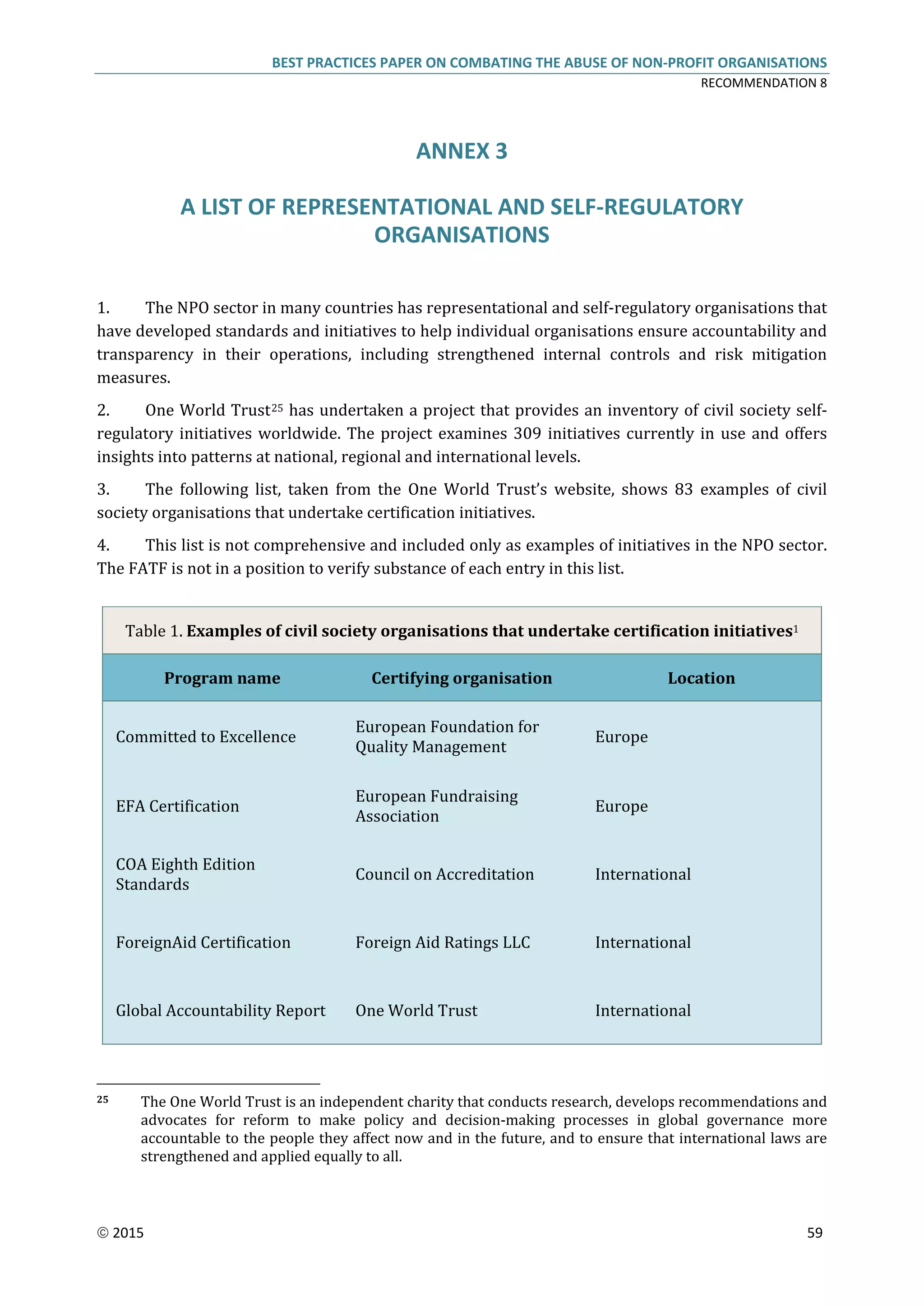 BEST PRACTICES PAPER ON COMBATING THE ABUSE OF NON-PROFIT ORGANISATIONS
RECOMMENDATION 8
 2015 59
ANNEX 3
A LIST OF REPRESENTATIONAL AND SELF-REGULATORY
ORGANISATIONS
1. The NPO sector in many countries has representational and self-regulatory organisations that
have developed standards and initiatives to help individual organisations ensure accountability and
transparency in their operations, including strengthened internal controls and risk mitigation
measures.
2. One World Trust25 has undertaken a project that provides an inventory of civil society self-
regulatory initiatives worldwide. The project examines 309 initiatives currently in use and offers
insights into patterns at national, regional and international levels.
3. The following list, taken from the One World Trust’s website, shows 83 examples of civil
society organisations that undertake certification initiatives.
4. This list is not comprehensive and included only as examples of initiatives in the NPO sector.
The FATF is not in a position to verify substance of each entry in this list.
Table 1. Examples of civil society organisations that undertake certification initiatives1
Program name Certifying organisation Location
Committed to Excellence
European Foundation for
Quality Management
Europe
EFA Certification
European Fundraising
Association
Europe
COA Eighth Edition
Standards
Council on Accreditation International
ForeignAid Certification Foreign Aid Ratings LLC International
Global Accountability Report One World Trust International
25 The One World Trust is an independent charity that conducts research, develops recommendations and
advocates for reform to make policy and decision-making processes in global governance more
accountable to the people they affect now and in the future, and to ensure that international laws are
strengthened and applied equally to all.
 