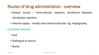 Routes of drug administration - overview
• Deeper tissues – intra-articular injection, intrathecal injection,
retrobulbar ...