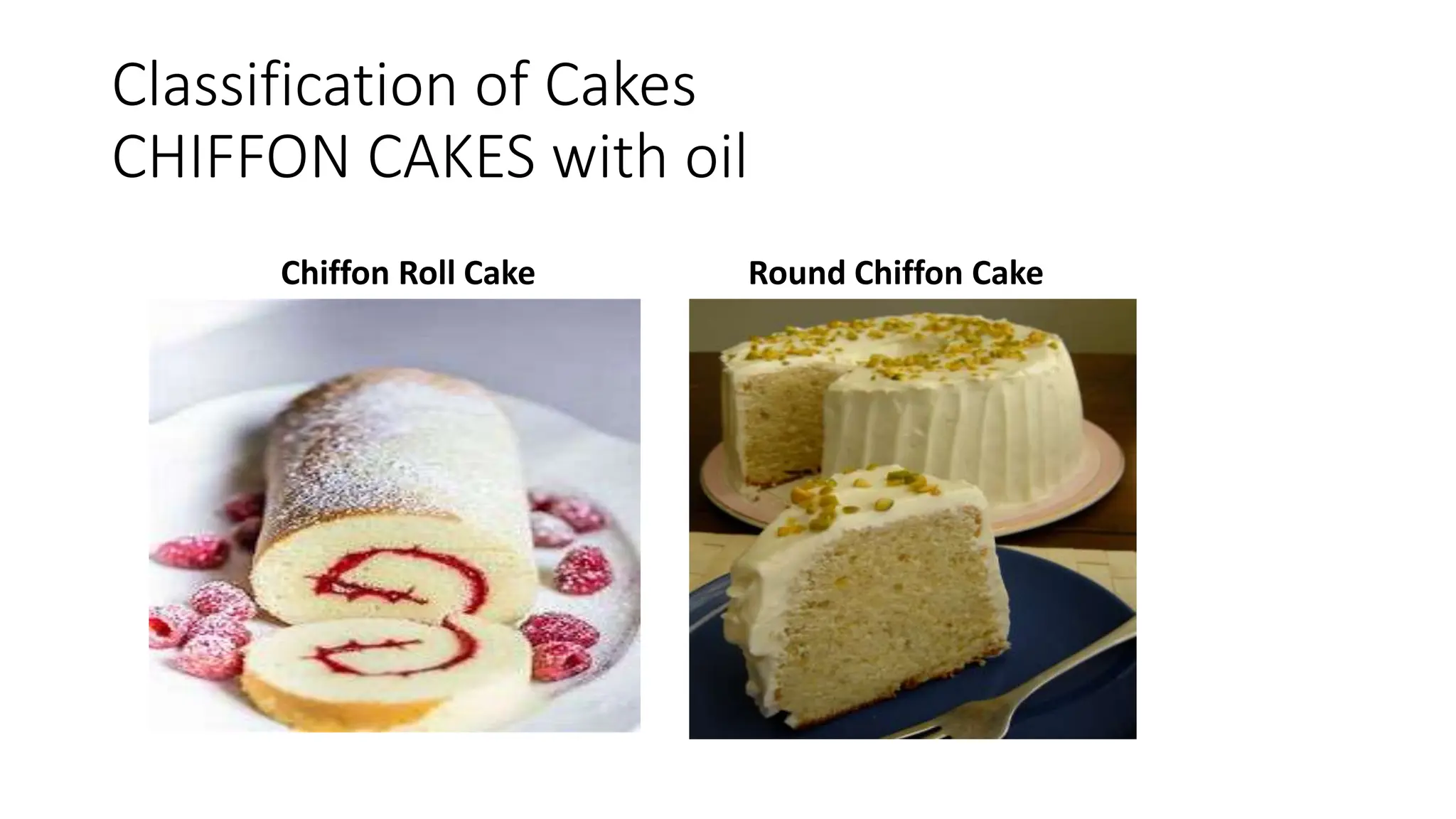 Classification of Cakes
CHIFFON CAKES with oil
Chiffon Roll Cake Round Chiffon Cake
 