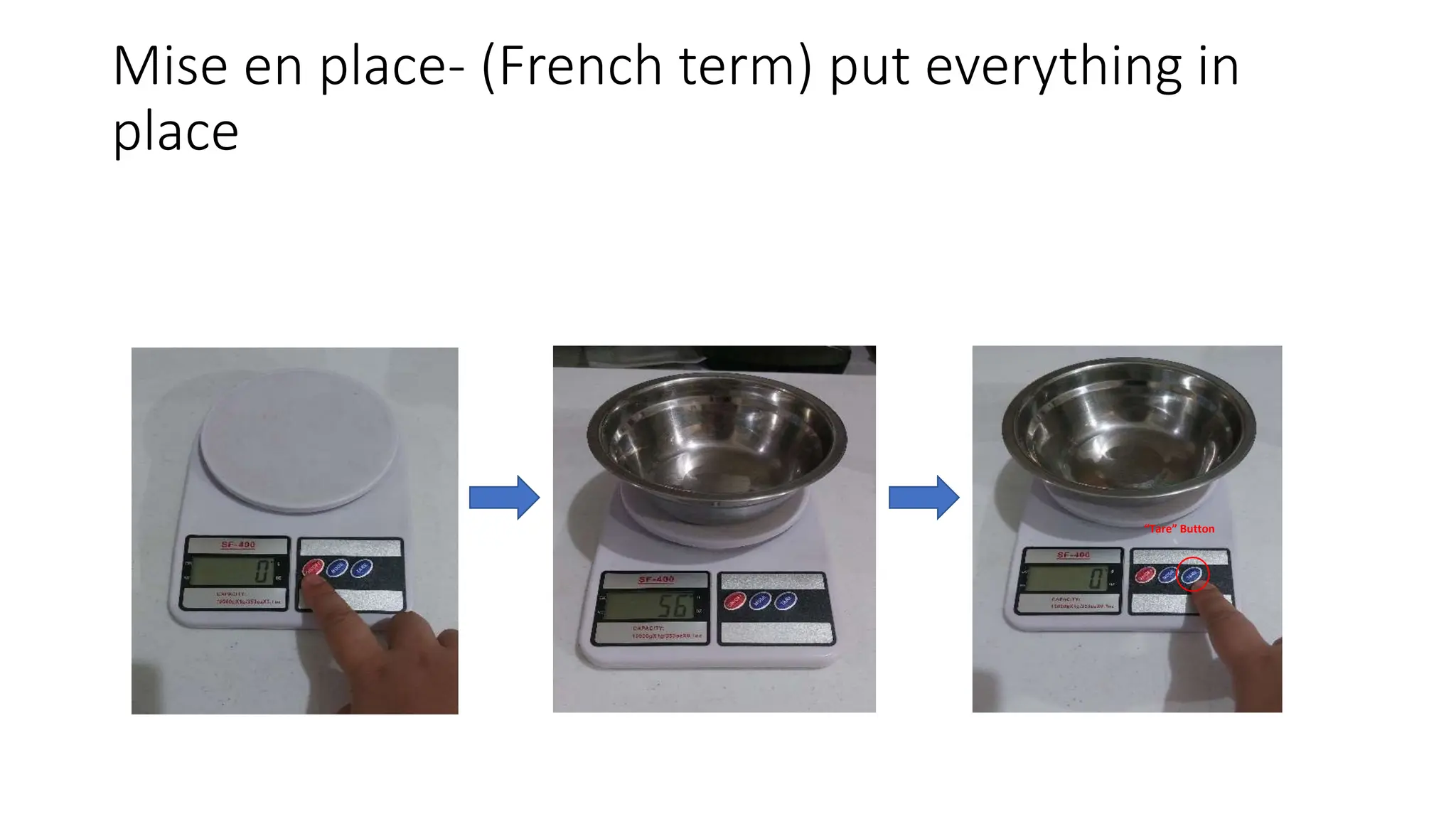 Mise en place- (French term) put everything in
place
“Tare” Button
 