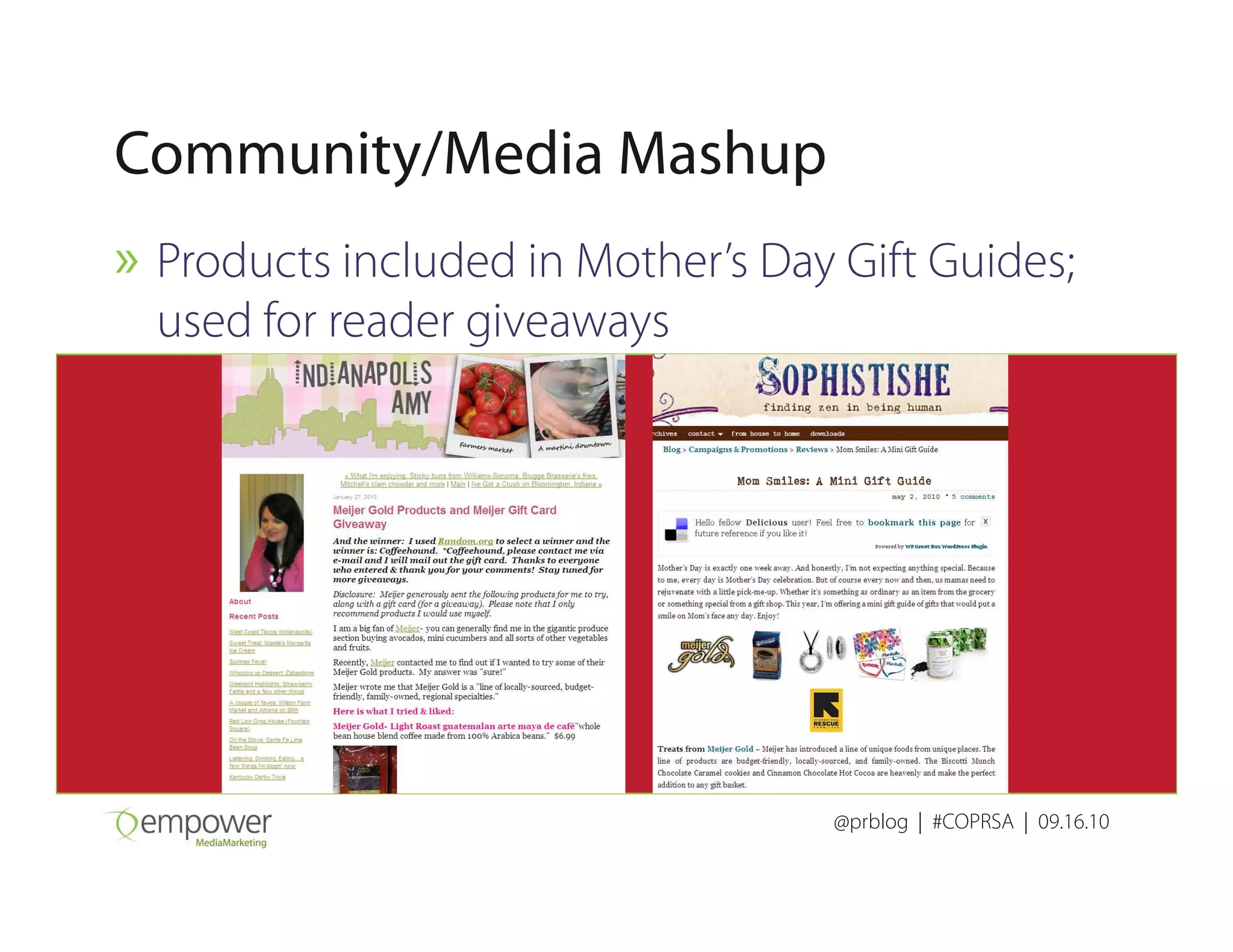 Community/Media Mashup
» Products included in Mother’s Day Gift Guides;
used for reader giveaways
@prblog | #COPRSA | 09.16.10
 