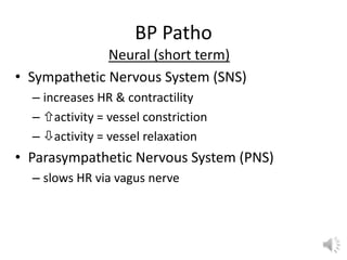 BP Patho
              Neural (short term)
• Sympathetic Nervous System (SNS)
  – increases HR & contractility
  – activity = vessel constriction
  – activity = vessel relaxation
• Parasympathetic Nervous System (PNS)
  – slows HR via vagus nerve
 