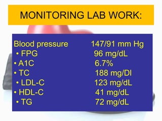 MONITORING LAB WORK:
Blood pressure 147/91 mm Hg
• FPG 96 mg/dL
• A1C 6.7%
• TC 188 mg/Dl
• LDL-C 123 mg/dL
• HDL-C 41 mg/dL
• TG 72 mg/dL
 