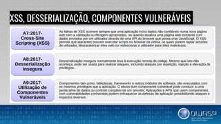 XSS, DESSERIALIZAÇÃO, COMPONENTES VULNERÁVEIS
 