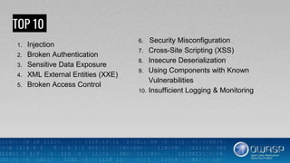 TOP 10
1. Injection
2. Broken Authentication
3. Sensitive Data Exposure
4. XML External Entities (XXE)
5. Broken Access Control
6. Security Misconfiguration
7. Cross-Site Scripting (XSS)
8. Insecure Deserialization
9. Using Components with Known
Vulnerabilities
10. Insufficient Logging & Monitoring
 