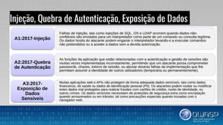 Injeção, Quebra de Autenticação, Exposição de Dados
 