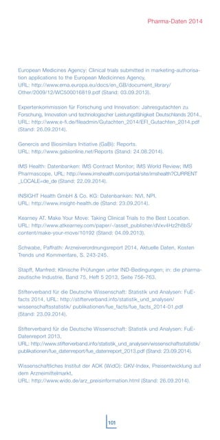 European Medicines Agency: Clinical trials submitted in marketing-authorisa-
tion applications to the European Medicinnes Agency,
URL: http://www.ema.europa.eu/docs/en_GB/document_library/
Other/2009/12/WC500016819.pdf (Stand: 03.09.2013).
Expertenkommission für Forschung und Innovation: Jahresgutachten zu
Forschung, Innovation und technologischer Leistungsfähigkeit Deutschlands 2014.,
URL: http://www.e-fi.de/fileadmin/Gutachten_2014/EFI_Gutachten_2014.pdf
(Stand: 26.09.2014).
Genercis and Biosimilars Initiative (GaBi): Reports.
URL: http://www.gabionline.net/Reports (Stand: 24.08.2014).
IMS Health: Datenbanken: IMS Contract Monitor; IMS World Review; IMS
Pharmascope, URL: http://www.imshealth.com/portal/site/imshealth?CURRENT
_LOCALE=de_de (Stand: 22.09.2014).
INSIGHT Health GmbH & Co. KG: Datenbanken: NVI, NPI,
URL: http://www.insight-health.de (Stand: 23.09.2014).
Kearney AT. Make Your Move: Taking Clinical Trials to the Best Location.
URL: http://www.atkearney.com/paper/-/asset_publisher/dVxv4Hz2h8bS/
content/make-your-move/10192 (Stand: 04.09.2013).
Schwabe, Paffrath: Arzneiverordnungsreport 2014, Aktuelle Daten, Kosten
Trends und Kommentare, S. 243-245.
Stapff, Manfred: Klinische Prüfungen unter IND-Bedingungen; in: die pharma-
zeutische Industrie, Band 75, Heft 5 2013, Seite 756-763.
Stifterverband für die Deutsche Wissenschaft: Statistik und Analysen: FuE-
facts 2014, URL: http://stifterverband.info/statistik_und_analysen/
wissenschaftsstatistik/ publikationen/fue_facts/fue_facts_2014-01.pdf
(Stand: 23.09.2014).
Stifterverband für die Deutsche Wissenschaft: Statistik und Analysen: FuE-
Datenreport 2013,
URL: http://www.stifterverband.info/statistik_und_analysen/wissenschaftsstatistik/
publikationen/fue_datenreport/fue_datenreport_2013.pdf (Stand: 23.09.2014).
Wissenschaftliches Institut der AOK (WidO): GKV-Index, Preisentwicklung auf
dem Arzneimittelmarkt,
URL: http://www.wido.de/arz_preisinformation.html (Stand: 26.09.2014).
101
Pharma-Daten 2014
 