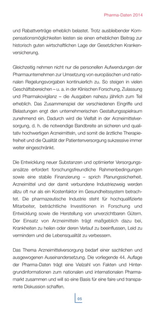 und Rabattverträge erheblich belastet. Trotz ausbleibender Kom-
pensationsmöglichkeiten leisten sie einen erheblichen Beitrag zur
historisch guten wirtschaftlichen Lage der Gesetzlichen Kranken-
versicherung.
Gleichzeitig nehmen nicht nur die personellen Aufwendungen der
Pharmaunternehmen zur Umsetzung von europäischen und natio-
nalen Regelungsvorgaben kontinuierlich zu. So steigen in vielen
Geschäftsbereichen – u. a. in der Klinischen Forschung, Zulassung
und Pharmakovigilanz – die Ausgaben nahezu jährlich zum Teil
erheblich. Das Zusammenspiel der verschiedenen Eingriffe und
Belastungen engt den unternehmerischen Gestaltungsspielraum
zunehmend ein. Dadurch wird die Vielfalt in der Arzneimittelver-
sorgung, d. h. die notwendige Bandbreite an sicheren und quali-
tativ hochwertigen Arzneimitteln, und somit die ärztliche Therapie-
freiheit und die Qualität der Patientenversorgung sukzessive immer
weiter eingeschränkt.
Die Entwicklung neuer Substanzen und optimierter Versorgungs-
ansätze erfordert forschungsfreundliche Rahmenbedingungen
sowie eine stabile Finanzierung – sprich Planungssicherheit.
Arzneimittel und der damit verbundene Industriezweig werden
allzu oft nur als ein Kostenfaktor im Gesundheitssystem betrach-
tet. Die pharmazeutische Industrie steht für hochqualifizierte
Mitarbeiter, beträchtliche Investitionen in Forschung und
Entwicklung sowie die Herstellung von unverzichtbaren Gütern.
Der Einsatz von Arzneimitteln trägt maßgeblich dazu bei,
Krankheiten zu heilen oder deren Verlauf zu beeinflussen, Leid zu
vermindern und die Lebensqualität zu verbessern.
Das Thema Arzneimittelversorgung bedarf einer sachlichen und
ausgewogenen Auseinandersetzung. Die vorliegende 44. Auflage
der Pharma-Daten trägt eine Vielzahl von Fakten und Hinter-
grundinformationen zum nationalen und internationalen Pharma-
markt zusammen und will so eine Basis für eine faire und transpa-
rente Diskussion schaffen.
05
Pharma-Daten 2014
 