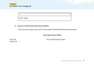 Buku Pegangan Pendampingan Individu. | 97
Tempat, Tanggal
3) Lampiran 3: Rubrik Penilaian Kebermaknaan Refleksi
Tautan: https://docs.google.com/document/d/1iOxbuute3kEbeCmZNy0OEPtmBEiuFwZqsGI6YKNwhks/edit
Rubrik Kebermaknaan Refleksi
Nama CGP : Nama Fasilitator/Pengajar Praktik :
Sekolah CGP :
 