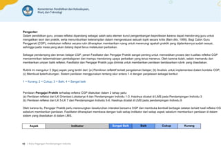 | Buku Pegangan Pendampingan Individu
98
Pengantar:
Dalam pendidikan guru, proses refleksi dipandang sebagai salah satu elemen kunci pengembangan keprofesian karena dapat mendorong guru untuk
mengaitkan teori dan praktik, serta menumbuhkan keterampilan dalam mengevaluasi sebuah topik secara kritis (Bain dkk, 1999). Bagi Calon Guru
Penggerak (CGP), melakukan refleksi secara rutin diharapkan memberikan ruang untuk merenungi apakah praktik yang dijalankannya sudah sesuai,
sehingga pada masa yang akan datang dapat terus melakukan perbaikan.
Sebagai pendamping dan teman belajar CGP, peran Fasilitator dan Pengajar Praktik sangat penting untuk memastikan proses dan kualitas refleksi CGP
mencerminkan kebermaknaan pembelajaran dan mampu mendorong upaya perbaikan yang terus menerus. Oleh karena itulah, selain memandu dan
memberikan umpan balik refleksi, Fasilitator dan Pengajar Praktik juga diminta untuk memberikan penilaian berdasarkan rubrik yang disediakan.
Rubrik ini mengukur 3 (tiga) aspek yang terdiri dari: (a) Pemikiran reflektif terkait pengalaman belajar; (b) Analisis untuk implementasi dalam konteks CGP;
(c) Membuat keterhubungan. Sistem penilaian menggunakan rentang skor antara 1-4 dengan penjelasan sebagai berikut:
1 = Kurang; 2 = Cukup; 3 = Baik; 4 = Sangat baik
Penilaian Pengajar Praktik terhadap refleksi CGP dilakukan dalam 2 tahap yaitu:
(a) Penilaian refleksi dari LK Orientasi-Lokakarya 4 dan Pendampingan Individu 1-3. Hasilnya dicatat di LMS pada Pendampingan Individu 3
(b) Penilaian refleksi dari LK 5-LK 7 dan Pendampingan Individu 5-6. Hasilnya dicatat di LMS pada pendampingan Individu 6
Oleh karena itu, Pengajar Praktik perlu merenungkan keseluruhan interaksi bersama CGP dan membuka kembali berbagai catatan terkait hasil refleksi CGP
sebelum memberikan penilaian. Fasilitator diharapkan membaca dengan baik setiap indikator dari setiap aspek sebelum memberikan penilaian di dalam
sistem yang disediakan di dalam LMS.
Aspek Indikator Sangat Baik Baik Cukup Kurang
 