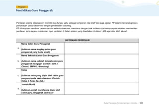 Buku Pegangan Pendampingan Individu. |105
Penilaian selama observasi ini memiliki dua fungsi, yaitu sebagai komponen nilai CGP dan juga pijakan PP dalam memandu proses
percakapan pasca-observasi dengan pendekatan coaching.
PP diharapkan membuat catatan tertulis selama observasi; membaca dengan baik indikator dari setiap aspek sebelum memberikan
penilaian; serta segera melakukan input penilaian di dalam sistem yang disediakan di dalam LMS agar data lebih akurat.
INFORMASI OBSERVASI
a.
Nama Calon Guru Penggerak
(tuliskan nama lengkap calon guru
penggerak yang Anda amati)
b.
Nama Sekolah Calon Guru Penggerak
(tuliskan nama sekolah tempat calon guru
penggerak mengajar. Contoh: SDN 3
Cimahi; SMPN 73 Bandung)
c.
Kelas
(tuliskan kelas yang diajar oleh calon guru
pengerak pada saat observasi. Contoh:
Kelas 4, Kelas 12, dsb.)
d.
Jumlah Murid
(tuliskan jumlah murid yang diajar oleh
calon guru penggerak pada saat
 