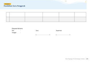 Buku Pegangan Pendampingan Individu. |125
Disepakati Bersama
Hari : Guru Supervisor
Tanggal :
(……………………………) (……………………………)
 