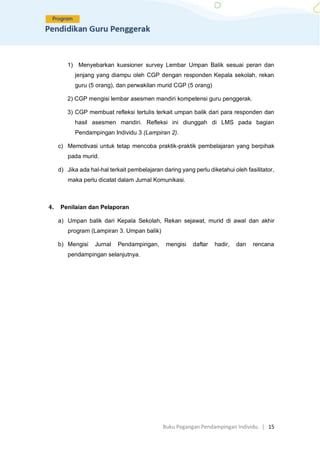 Buku Pegangan Pendampingan Individu. | 15
1) Menyebarkan kuesioner survey Lembar Umpan Balik sesuai peran dan
jenjang yang diampu oleh CGP dengan responden Kepala sekolah, rekan
guru (5 orang), dan perwakilan murid CGP (5 orang)
2) CGP mengisi lembar asesmen mandiri kompetensi guru penggerak.
3) CGP membuat refleksi tertulis terkait umpan balik dari para responden dan
hasil asesmen mandiri. Refleksi ini diunggah di LMS pada bagian
Pendampingan Individu 3 (Lampiran 2).
c) Memotivasi untuk tetap mencoba praktik-praktik pembelajaran yang berpihak
pada murid.
d) Jika ada hal-hal terkait pembelajaran daring yang perlu diketahui oleh fasilitator,
maka perlu dicatat dalam Jurnal Komunikasi.
4. Penilaian dan Pelaporan
a) Umpan balik dari Kepala Sekolah, Rekan sejawat, murid di awal dan akhir
program (Lampiran 3. Umpan balik)
b) Mengisi Jurnal Pendampingan, mengisi daftar hadir, dan rencana
pendampingan selanjutnya.
 