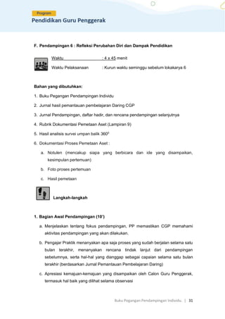 Buku Pegangan Pendampingan Individu. | 31
F. Pendampingan 6 : Refleksi Perubahan Diri dan Dampak Pendidikan
Waktu : 4 x 45 menit
Waktu Pelaksanaan : Kurun waktu seminggu sebelum lokakarya 6
Bahan yang dibutuhkan:
1. Buku Pegangan Pendampingan Individu
2. Jurnal hasil pemantauan pembelajaran Daring CGP
3. Jurnal Pendampingan, daftar hadir, dan rencana pendampingan selanjutnya
4. Rubrik Dokumentasi Pemetaan Aset (Lampiran 9)
5. Hasil analisis survei umpan balik 3600
6. Dokumentasi Proses Pemetaan Aset :
a. Notulen (mencakup siapa yang berbicara dan ide yang disampaikan,
kesimpulan pertemuan)
b. Foto proses pertemuan
c. Hasil pemetaan
Langkah-langkah
1. Bagian Awal Pendampingan (10’)
a. Menjelaskan tentang fokus pendampingan, PP memastikan CGP memahami
aktivitas pendampingan yang akan dilakukan.
b. Pengajar Praktik menanyakan apa saja proses yang sudah berjalan selama satu
bulan terakhir, menanyakan rencana tindak lanjut dari pendampingan
sebelumnya, serta hal-hal yang dianggap sebagai capaian selama satu bulan
terakhir (berdasarkan Jurnal Pemantauan Pembelajaran Daring)
c. Apresiasi kemajuan-kemajuan yang disampaikan oleh Calon Guru Penggerak,
termasuk hal baik yang dilihat selama observasi
 
