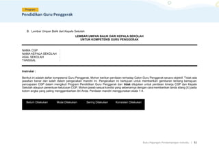 Buku Pegangan Pendampingan Individu. | 51
B. Lembar Umpan Balik dari Kepala Sekolah
LEMBAR UMPAN BALIK DARI KEPALA SEKOLAH
UNTUK KOMPETENSI GURU PENGGERAK
NAMA CGP :
NAMA KEPALA SEKOLAH :
ASAL SEKOLAH :
TANGGAL :
Instruksi :
Berikut ini adalah daftar kompetensi Guru Penggerak. Mohon berikan penilaian terhadap Calon Guru Penggerak secara objektif. Tidak ada
jawaban benar dan salah dalam pengecekan mandiri ini. Pengecekan ini bertujuan untuk memberikan gambaran tentang kemajuan
pencapaian CGP dalam mengikuti Program Pendidikan Guru Penggerak dan tidak ditujukan untuk penilaian kinerja CGP dan Kepala
Sekolah ataupun penentuan kelulusan CGP. Mohon jawab sesuai kondisi yang sebenarnya dengan cara memberikan tanda silang (X) pada
kolom angka yang paling menggambarkan diri Anda. Penilaian mandiri menggunakan skala 1-4.
Belum Dilakukan Mulai Dilakukan Sering Dilakukan Konsisten Dilakukan
 