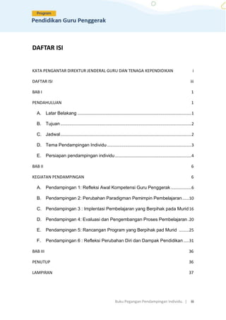 Buku Pegangan Pendampingan Individu. | iii
DAFTAR ISI
KATA PENGANTAR DIREKTUR JENDERAL GURU DAN TENAGA KEPENDIDIKAN i
DAFTAR ISI iii
BAB I 1
PENDAHULUAN 1
A. Latar Belakang ....................................................................................................1
B. Tujuan...................................................................................................................2
C. Jadwal...................................................................................................................2
D. Tema Pendampingan Individu ..........................................................................3
E. Persiapan pendampingan individu...................................................................4
BAB II 6
KEGIATAN PENDAMPINGAN 6
A. Pendampingan 1: Refleksi Awal Kompetensi Guru Penggerak ..................6
B. Pendampingan 2: Perubahan Paradigman Pemimpin Pembelajaran......10
C. Pendampingan 3 : Implentasi Pembelajaran yang Berpihak pada Murid16
D. Pendampingan 4: Evaluasi dan Pengembangan Proses Pembelajaran .20
E. Pendampingan 5: Rancangan Program yang Berpihak pad Murid .........25
F. Pendampingan 6 : Refleksi Perubahan Diri dan Dampak Pendidikan.....31
BAB III 36
PENUTUP 36
LAMPIRAN 37
 