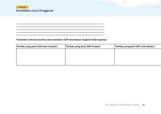 Buku Pegangan Pendampingan Individu. | 65
___________________________________________________________________________
___________________________________________________________________________
___________________________________________________________________________
___________________________________________________________________________
___________________________________________________________________________
Tambahkan informasi berikut untuk membantu CGP menentukan langkah tindak lanjutnya:
Perilaku yang perlu CGP terus lanjutkan Perilaku yang perlu CGP hentikan Perilaku yang perlu CGP mulai lakukan
 