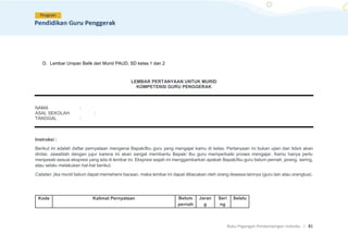 Buku Pegangan Pendampingan Individu. | 81
D. Lembar Umpan Balik dari Murid PAUD, SD kelas 1 dan 2
LEMBAR PERTANYAAN UNTUK MURID
KOMPETENSI GURU PENGGERAK
NAMA :
ASAL SEKOLAH :
TANGGAL :
Instruksi :
Berikut ini adalah daftar pernyataan mengenai Bapak/Ibu guru yang mengajar kamu di kelas. Pertanyaan ini bukan ujian dan tidak akan
dinilai. Jawablah dengan jujur karena ini akan sangat membantu Bapak/ Ibu guru memperbaiki proses mengajar. Kamu hanya perlu
menjawab sesuai ekspresi yang ada di lembar ini. Ekspresi wajah ini menggambarkan apakah Bapak/Ibu guru belum pernah, jarang, sering,
atau selalu melakukan hal-hal berikut.
Catatan: jika murid belum dapat memahami bacaan, maka lembar ini dapat dibacakan oleh orang dewasa lainnya (guru lain atau orangtua).
Kode Kalimat Pernyataan Belum
pernah
Jaran
g
Seri
ng
Selalu
 