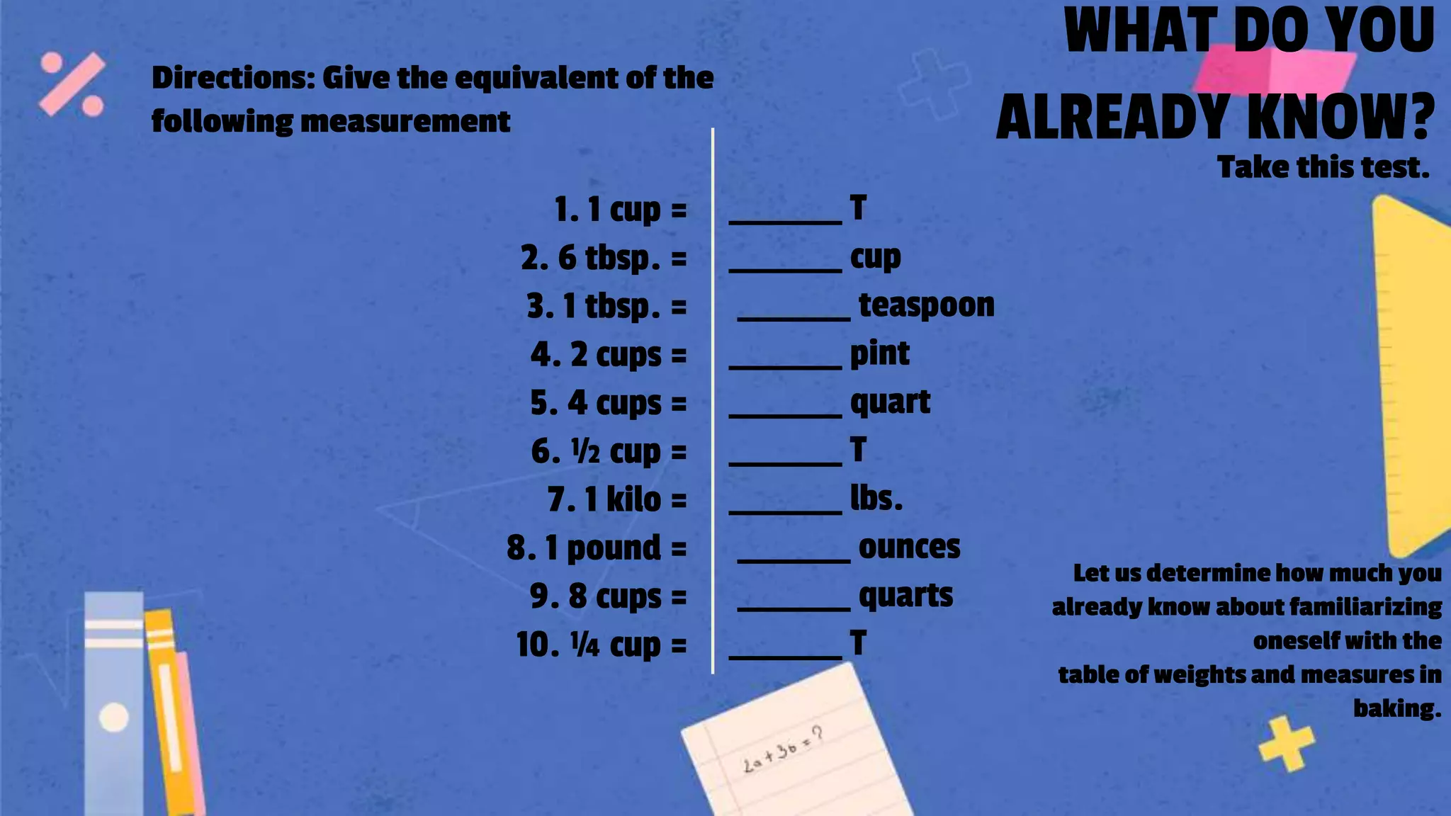 1. 1 cup =
2. 6 tbsp. =
3. 1 tbsp. =
4. 2 cups =
5. 4 cups =
6. ½ cup =
7. 1 kilo =
8. 1 pound =
9. 8 cups =
10. ¼ cup =
WHAT DO YOU
ALREADY KNOW?
_______ T
_______ cup
_______ teaspoon
_______ pint
_______ quart
_______ T
_______ lbs.
_______ ounces
_______ quarts
_______ T
Take this test.
Let us determine how much you
already know about familiarizing
oneself with the
table of weights and measures in
baking.
Directions: Give the equivalent of the
following measurement
 