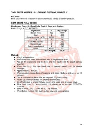 34
TASK SHEET NUMBER 1.1 / LEARNING OUTCOME NUMBER 1.1
RECIPES
Here you will find a selection of recipes to make a variety of bakery products.
SOFT BREAD ROLL DOUGH
Hamburger Buns, Hot Dog Rolls, Scotch Baps and Stotties
Rapid Dough, A.D.D. METHOD
Ingredient % 1kg Dough
Bakers Flour 100 1.000
Salt 2 .020
Bread improver (ADD) MRU .010
Fat 8 .080
Skim Milk Powder 2 .020
Castor Sugar 5 .050
Compressed yeast 4 .040
Water +/– 60 .600
Total Weight 1.820
Method:
• Weigh all ingredients.
• Place water and yeast into the bowl. Mix to disperse the yeast.
• Add all dry ingredients into the bowl and mix slowly until the dough comes
together.
• When the dough has combined mix on second speed until the dough
develops.
• Approximately 7 minutes.
• When dough is mixed, take off machine and place into bowl and cover for 10
minutes.
• Divide into the size pieces that are required; 50g each or 80g.
• Round up and leave to rest for a further ten minutes.
• Give final mould to shape that you require and place onto prepared trays.
• Allow final proof for approximately 20 minutes or as required 35ºC/80%
humidity.
• Bake in oven 230ºC – 240ºC for 10 – 15 minutes.
• When baked remove from oven and de-tray onto cooling racks.
 