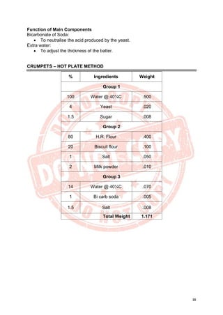 38
Function of Main Components
Bicarbonate of Soda:
• To neutralise the acid produced by the yeast.
Extra water:
• To adjust the thickness of the batter.
CRUMPETS – HOT PLATE METHOD
% Ingredients Weight
Group 1
100 Water @ 40¼C .500
4 Yeast .020
1.5 Sugar .008
Group 2
80 H.R. Flour .400
20 Biscuit flour .100
1 Salt .050
2 Milk powder .010
Group 3
14 Water @ 40¼C .070
1 Bi carb soda .005
1.5 Salt .008
Total Weight 1.171
 
