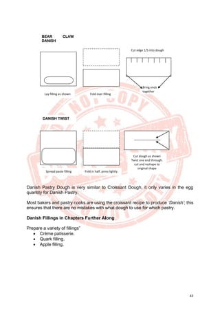 43
Danish Pastry Dough is very similar to Croissant Dough, it only varies in the egg
quantity for Danish Pastry.
Most bakers and pastry cooks are using the croissant recipe to produce ‘Danish’; this
ensures that there are no mistakes with what dough to use for which pastry.
Danish Fillings in Chapters Further Along
Prepare a variety of fillings”
• Crème patisserie.
• Quark filling.
• Apple filling.
Cut dough as shown
Twist one end through.
cut and reshape to
original shape
Fold in half, press lightly
Spread paste filling
DANISH TWIST
Bring ends
together
Cut edge 1/5 into dough
BEAR CLAW
DANISH
Lay filling as shown Fold over filling
 