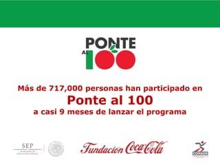 Más de 717,000 personas han participado en
Ponte al 100
a casi 9 meses de lanzar el programa
 