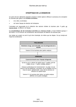 Business plan pour start up
3/15
Christophe Faurie
SYNOPTIQUE DE LA DEMARCHE
Un point clé de la démarche proposée consiste à rendre rapide et efficace le processus de conception
du business plan grâce à une division de tâches :
 d’un côté, un animateur,
 de l’autre l’équipe de direction de l’entreprise.
L’animateur est responsable de la rédaction des versions initiales du business plan. Il guide, en
marche forcée, la réflexion de l’équipe.
La caractéristique clé de l’animateur est d’être un « donneur d’aide ». Il veut l’intérêt du groupe, il
est neutre, il a un minimum de connaissance des techniques de rédaction de business plan.
Les durées qui suivent ne sont là qu’à titre d’exemple, de même que les étapes. Ce qui compte est
l’esprit de la démarche.
PRELIMINAIRE
Entretiens longs, semi-directifs avec les dirigeants de la
société
Version 0.0 du business plan (partie analyse)
SEMINAIRE
2 jours de travail avec l’équipe dirigeante
Qu’est-ce qu’un cabinet de capital risque ? quelles sont les
« règles du jeu » ? quelle stratégie adopter ?
Analyse systématique de l’environnement du projet, de ses
forces et de ses faiblesses, formulation de sa stratégie et de sa
mise en œuvre opérationnelle, axes clés du discours en
direction du capital risque
Version 0.1 du business plan (retour sur partie analyse,
définition de la partie stratégie)
 