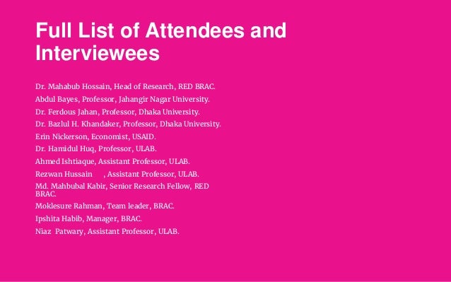 Full List of Attendees and
Interviewees
Dr. Mahabub Hossain, Head of Research, RED BRAC.
Abdul Bayes, Professor, Jahangir ...