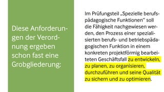 Diese Anforderun-
gen der Verord-
nung ergeben
schon fast eine
Grobgliederung:
Im Prüfungsteil „Spezielle berufs-
pädagogische Funktionen“ soll
die Fähigkeit nachgewiesen wer-
den, den Prozess einer speziali-
sierten berufs- und betriebspäda-
gogischen Funktion in einem
konkreten projektförmig bearbei-
teten Geschäftsfall zu entwickeln,
zu planen, zu organisieren,
durchzuführen und seine Qualität
zu sichern und zu optimieren.
 