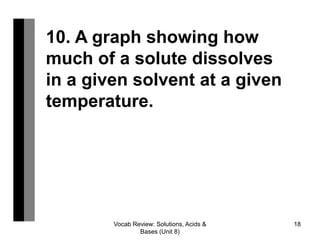 Vocab Review: Solutions, Acids &
Bases (Unit 8)
18
10. A graph showing how
much of a solute dissolves
in a given solvent at a given
temperature.
 