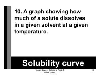 Vocab Review: Solutions, Acids &
Bases (Unit 8)
19
Solubility curve
10. A graph showing how
much of a solute dissolves
in a given solvent at a given
temperature.
 
