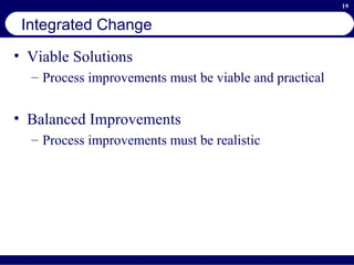 Integrated Change Viable Solutions Process improvements must be viable and practical Balanced Improvements Process improvements must be realistic 