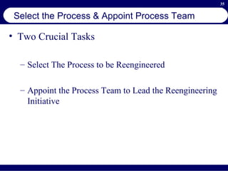 Select the Process & Appoint Process Team Two Crucial Tasks Select The Process to be Reengineered Appoint the Process Team to Lead the Reengineering Initiative 