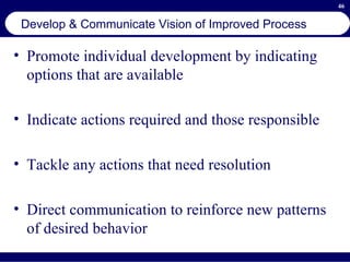 Develop & Communicate Vision of Improved Process Promote individual development by indicating options that are available Indicate actions required and those responsible Tackle any actions that need resolution Direct communication to reinforce new patterns of desired behavior 