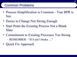 Common Problems Process Simplification is Common - True BPR is Not Desire to Change Not Strong Enough Start Point the Existing Process Not a Blank Slate Commitment to Existing Processes Too Strong REMEMBER - “If it ain’t broke …” Quick Fix Approach 