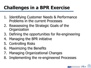 Challenges in a BPR Exercise Identifying Customer Needs & Performance Problems in the current Processes Reassessing the Strategic Goals of the Organization Defining the opportunities for Re-engineering Managing the BPR initiative Controlling Risks  Maximizing the Benefits Managing Organizational Changes Implementing the re-engineered Processes 