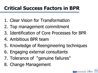 Critical Success Factors in BPR Clear Vision for Transformation Top management commitment Identification of Core Processes for BPR Ambitious BPR team Knowledge of Reengineering techniques Engaging external consultants Tolerance of  “genuine failures" Change Management 