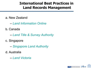International Best Practices in  Land Records Management New Zealand  –  Land Information Online Canada  –  Land Title & Survey Authority Singapore  –  Singapore Land Authority Australia  –  Land Victoria 