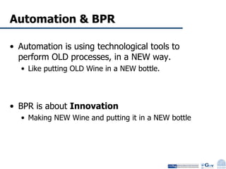 Automation & BPR Automation is using technological tools to perform OLD processes, in a NEW way. Like putting OLD Wine in a NEW bottle. BPR is about  Innovation Making NEW Wine and putting it in a NEW bottle 