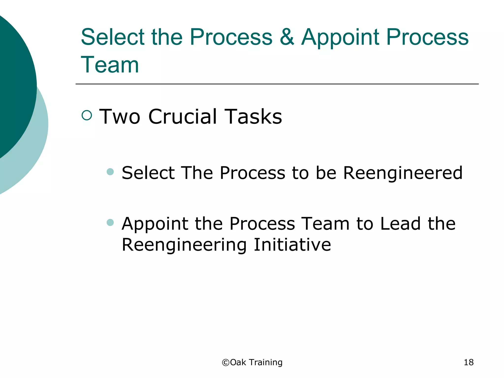 Select the Process & Appoint Process Team Two Crucial Tasks Select The Process to be Reengineered Appoint the Process Team to Lead the Reengineering Initiative 