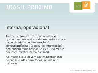 Interna, operacional
Todos os atores envolvidos a um nível
operacional necessitam de tempestividade e
disponibilidade de informação. A
correspondência e a troca de informações
não podem mais basear-se exclusivamente
em instrumentos como o e-mail.
As informações devem ser imediatamente
disponibilizadas para todos, no mesmo
instante.

                                             CoMuDe COMUNICAR MULTIPLICA DEVERES - 2012
 