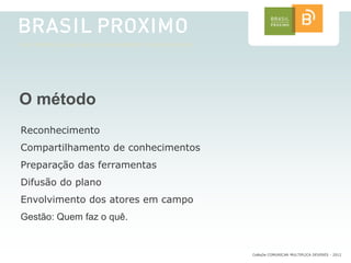 O método
Reconhecimento
Compartilhamento de conhecimentos
Preparação das ferramentas
Difusão do plano
Envolvimento dos atores em campo
Gestão: Quem faz o quê.


                                    CoMuDe COMUNICAR MULTIPLICA DEVERES - 2012
 