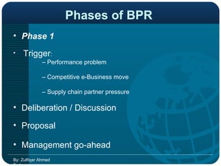 Phases of BPR   Phase 1   Trigger :  –  Performance problem  –  Competitive e-Business move  –  Supply chain partner pressure  Deliberation / Discussion   Proposal  Management go-ahead  By: Zulfiqar Ahmed Farhan 