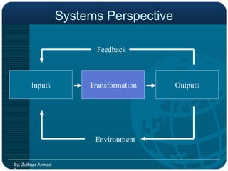Systems Perspective By: Zulfiqar Ahmed Farhan Transformation Inputs Outputs Feedback Environment 